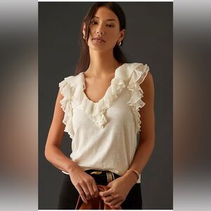 Anthropologie Ruffled V Neck Cream Blouse Size XS NWOT